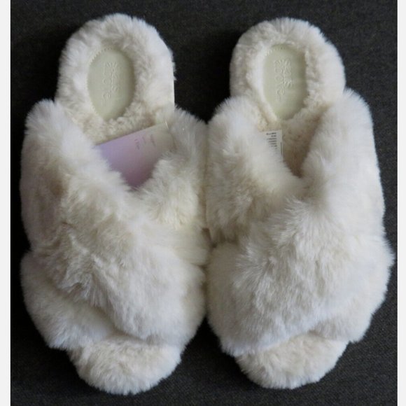 Stars Above Off White Faux Fur Crisscross Slide Slippers Women's Large 9-10 - Picture 5 of 5